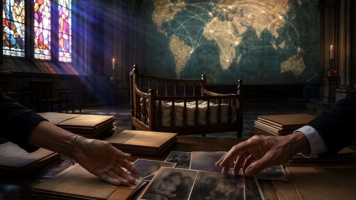 Somber church scene with empty cradle, archives, and subtle world map symbolizing forced adoption reckoning.