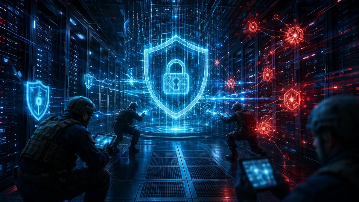 Federal data center protected by glowing cyber shields as urgent vulnerability patches deploy.