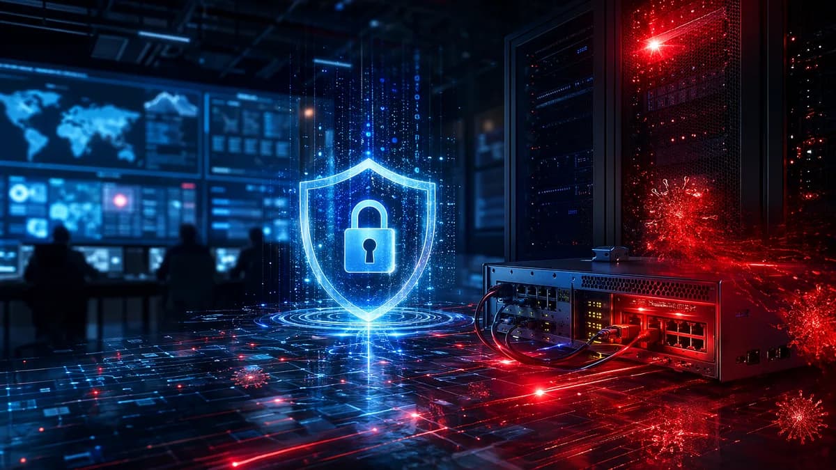 Cybersecurity shield protecting federal servers from an active exploit in a dark network operations room.