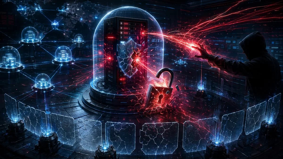 Dark cybersecurity scene with breached network servers, cracked shield, lock, and red intrusion streams.