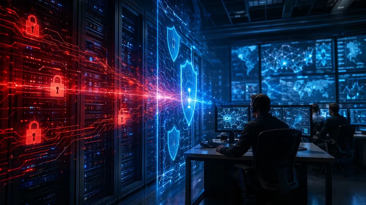 Enterprise communications servers under cyberattack with shields, locks, and code matrix defenses.