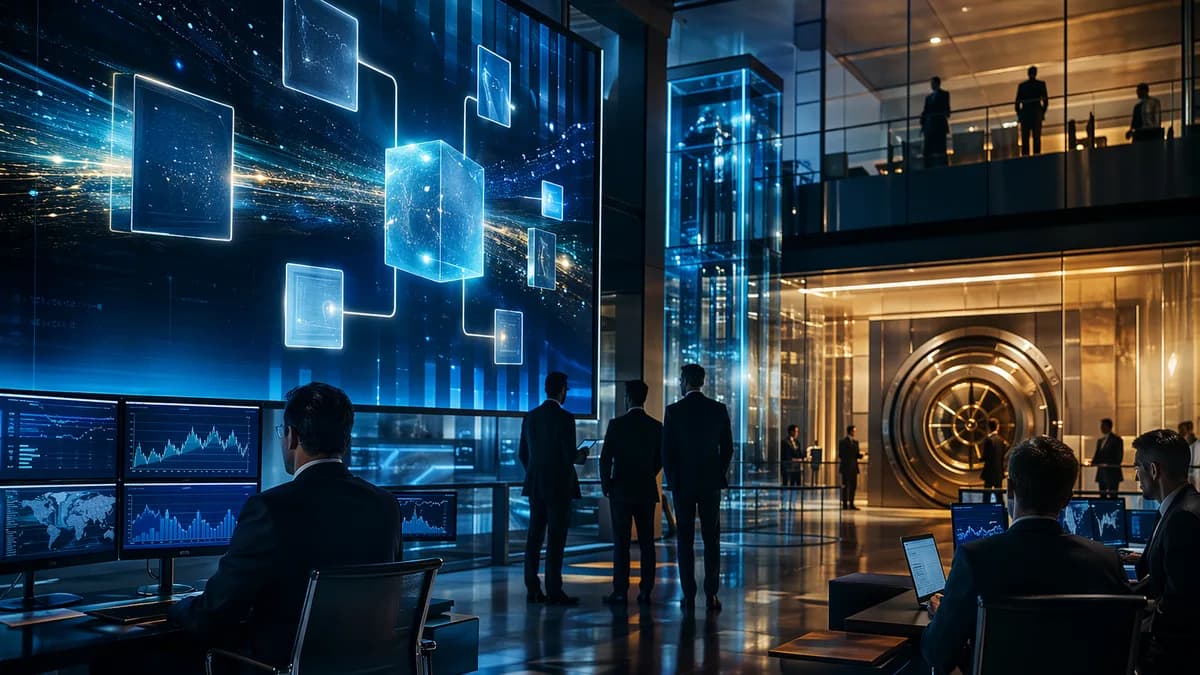 Institutional traders viewing tokenized private shares flowing across a secure blockchain network.