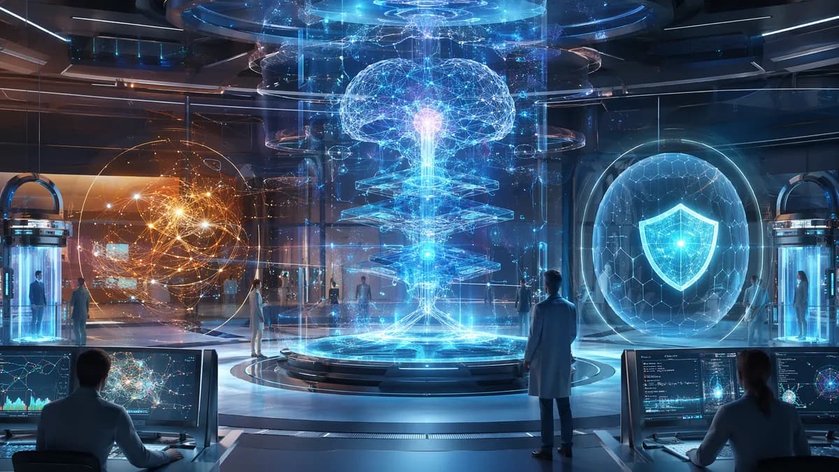 Secure AI research lab with glowing neural core, cybersecurity shields, and futuristic monitoring screens.