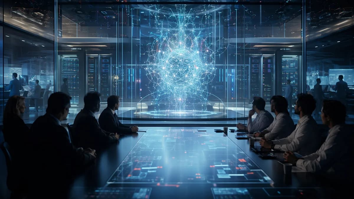 Futuristic AI policy room with officials, researchers, neural networks, and restricted frontier model symbolism