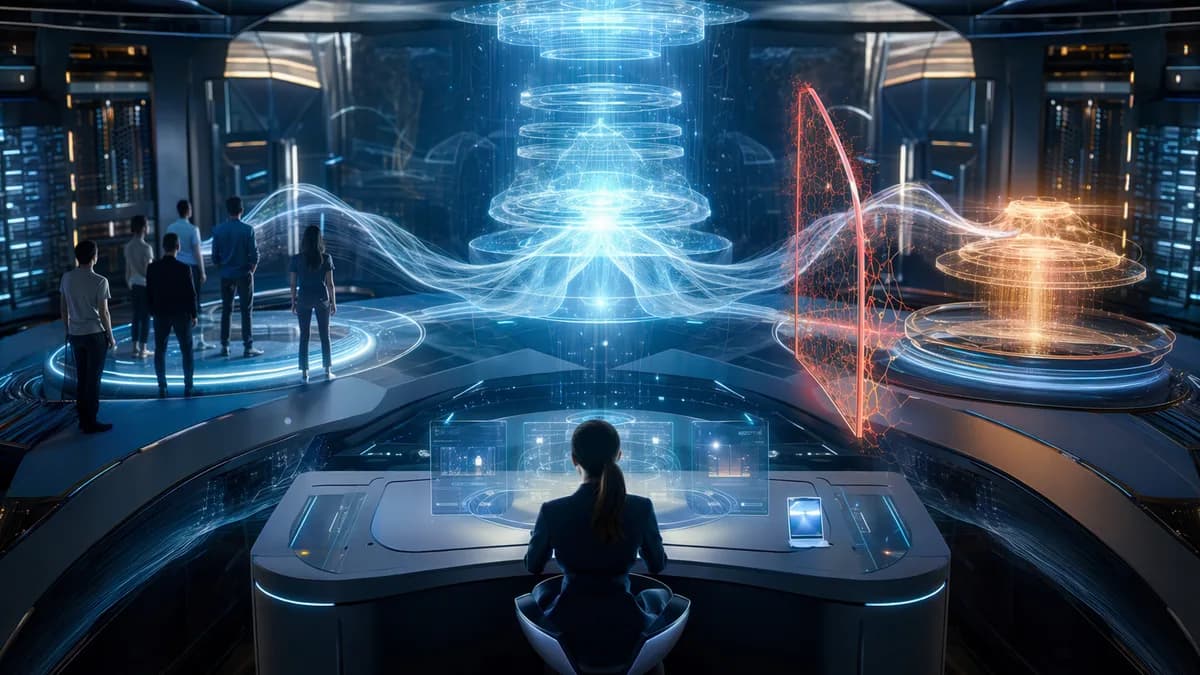 Futuristic AI hub showing public access, safety barriers, and model fallback in a secure tech workspace