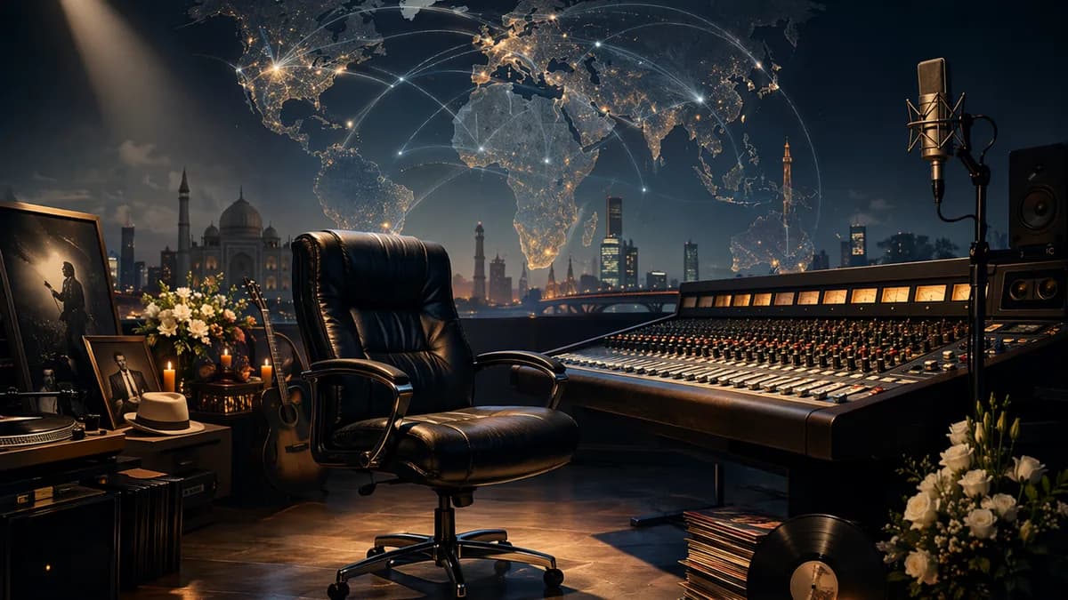 Solemn recording studio memorial with world map backdrop symbolizing a global music legacy.