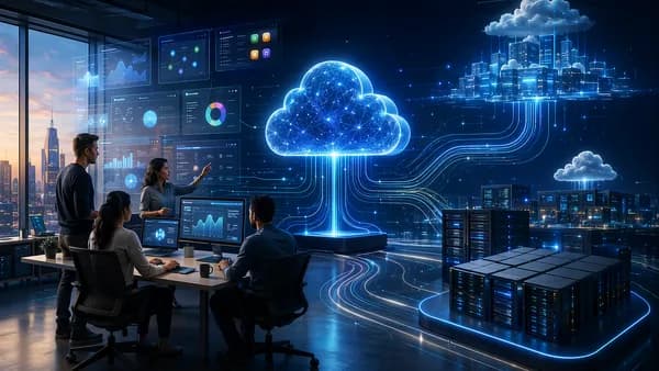 Modern SaaS cloud hosting dashboard with servers and network nodes in a cinematic startup setting