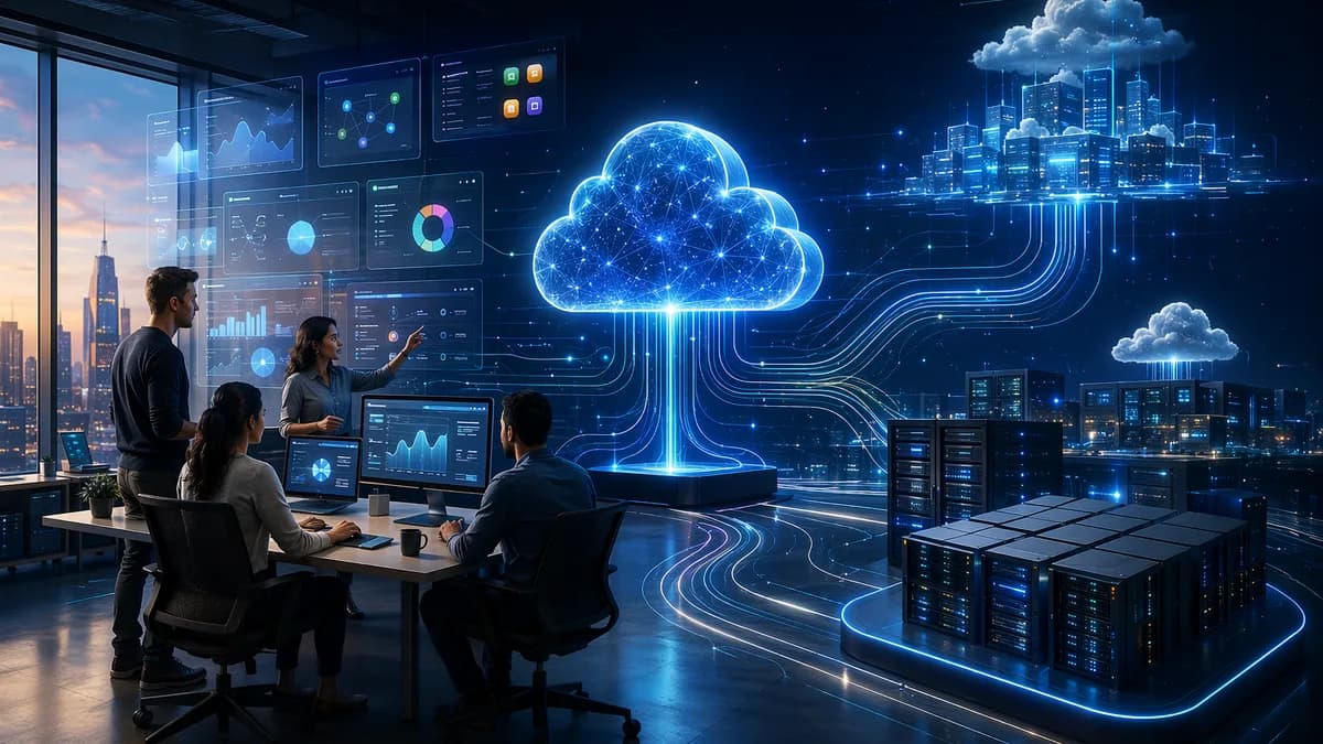 Modern SaaS cloud hosting dashboard with servers and network nodes in a cinematic startup setting