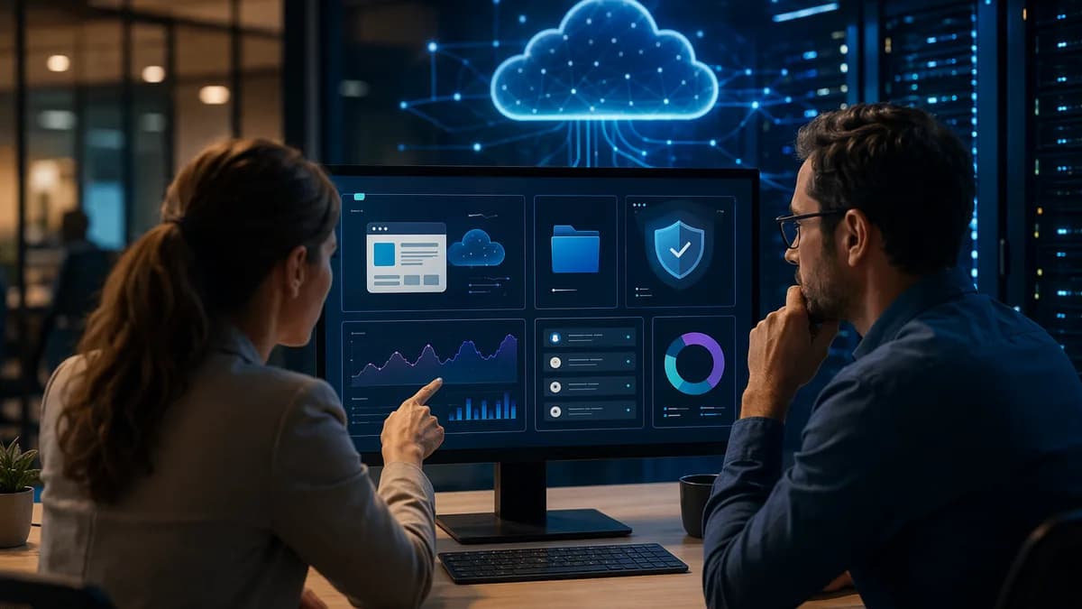 Small business team evaluating cloud platform dashboard with hosting, security, traffic, and storage visuals