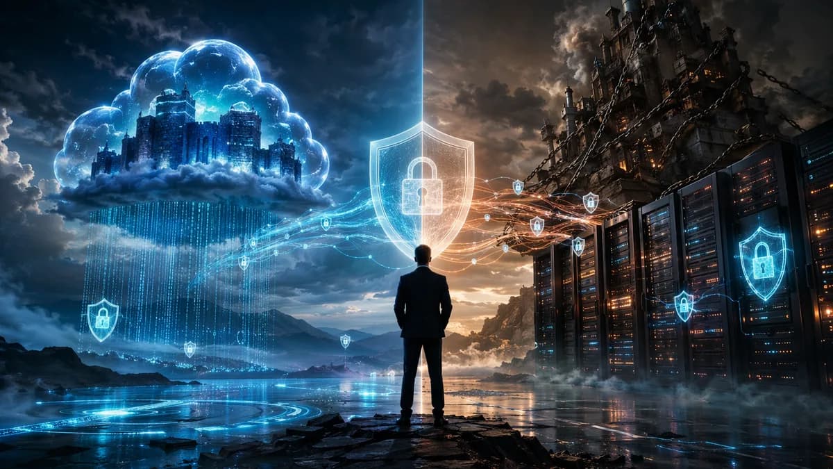 Cloud and on-prem SIEM security systems compared with shields, locks, and encrypted data streams.