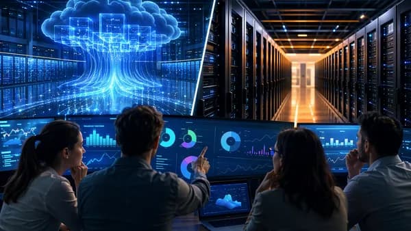 Cloud and traditional hosting cost comparison shown through servers, SaaS dashboard, and pricing maze