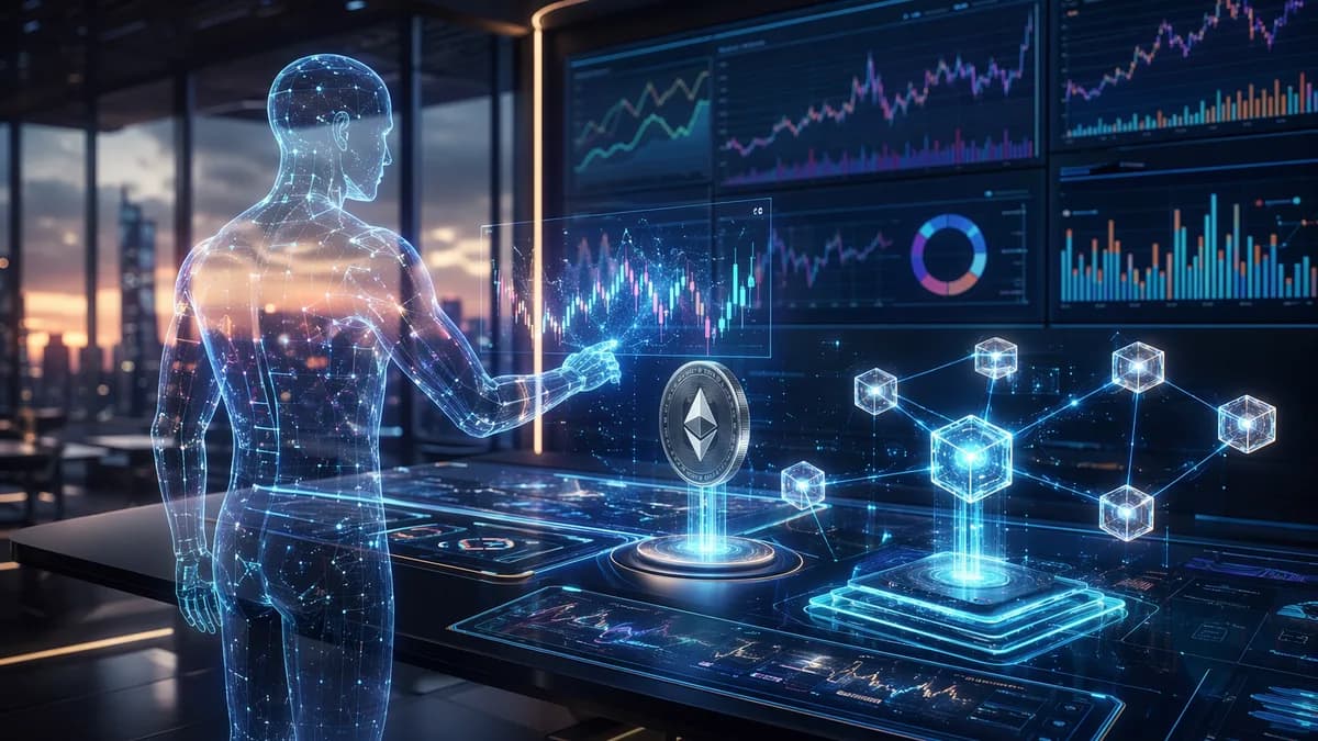 AI agent managing crypto trades and premium data payments in a futuristic finance interface