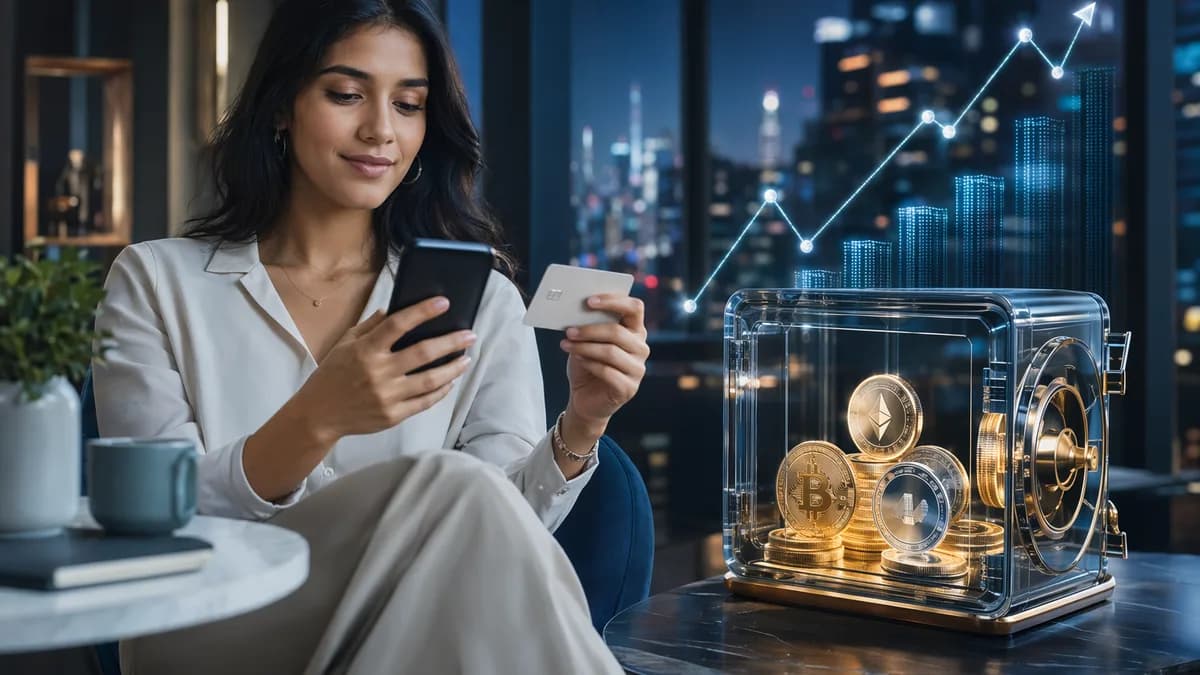 Crypto-backed credit card concept with phone app, secure digital vault, and glowing collateral tokens.
