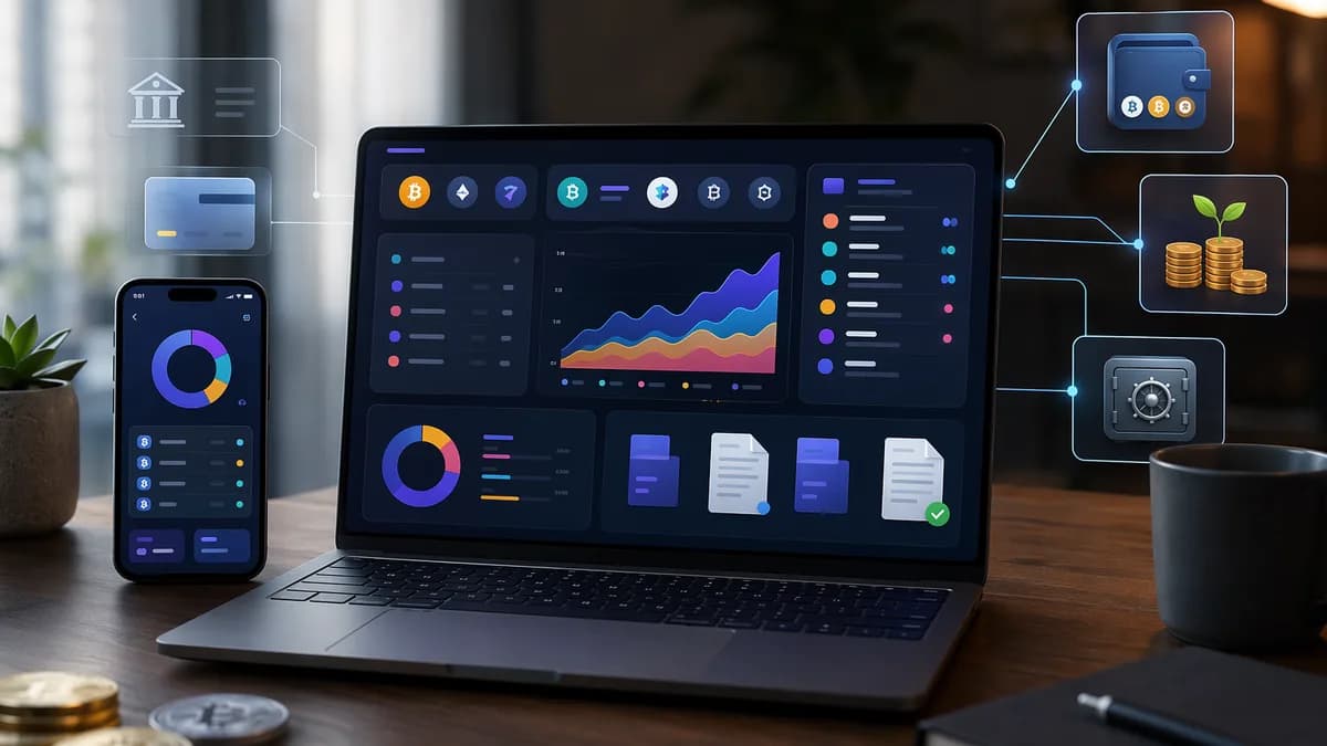 Crypto tax software dashboard with wallet nodes and tax documents on a modern fintech desk