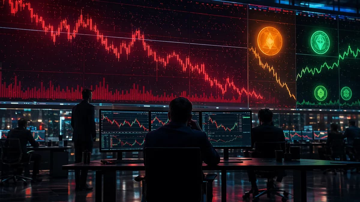 Crypto trading floor with red market decline and a few green assets rising amid data screens
