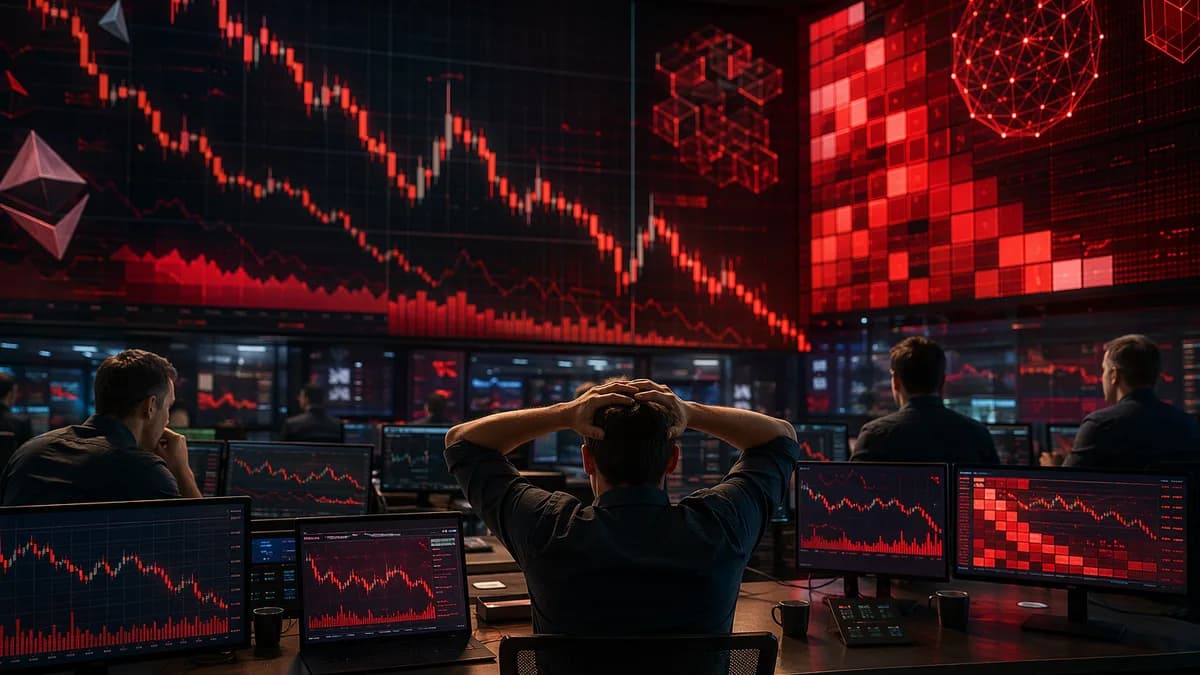 Crypto trading floor with red market charts signaling a broad risk-off decline