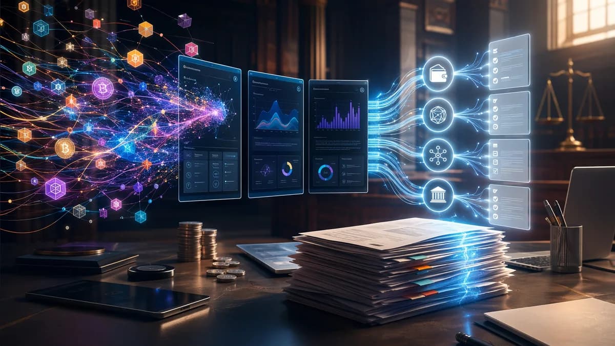 Abstract DeFi tax software audit with tangled crypto data streams becoming organized finance reports.