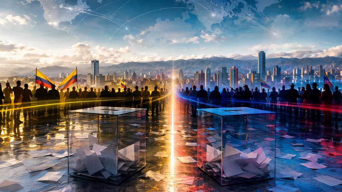 Colombia election scene with ballot boxes, opposing silhouettes, Bogotá skyline, and global map connections