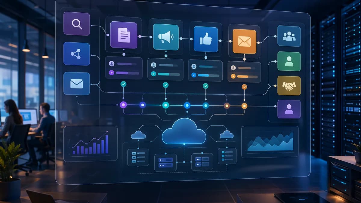 Modern SaaS workflow dashboard coordinating SEO, social, email, approvals, and team content promotion.