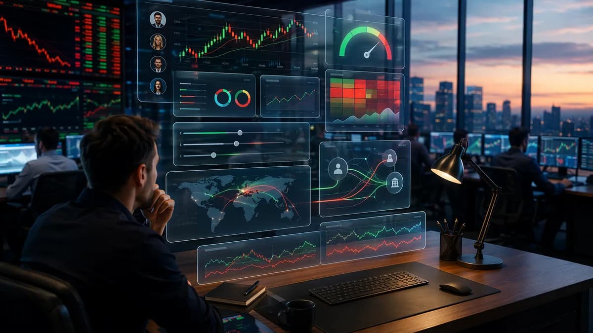 Transparent forex copy trading dashboard with risk gauges and market data on a modern trading desk.