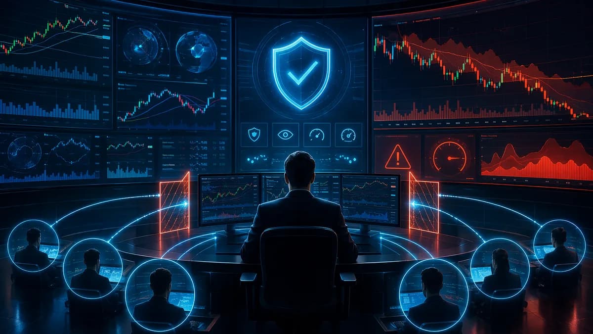 Copy trading risk controls shown as shields and market dashboards on a modern crypto trading floor