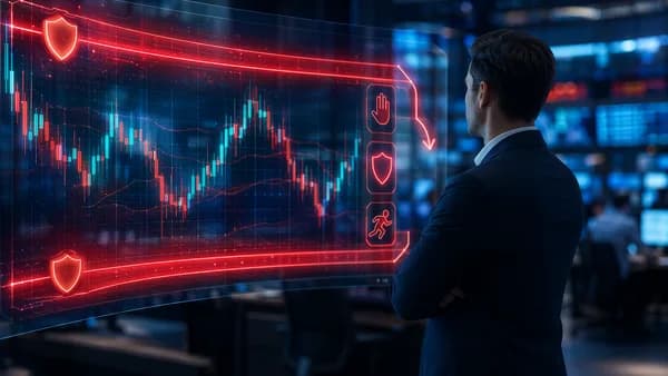 Investor viewing copy trading risk limits and exit controls amid volatile market data screens.