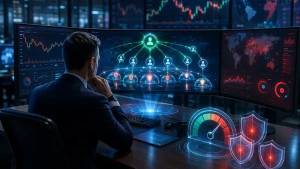Trader monitors copy trading risk controls with market data visuals and protective safeguards.