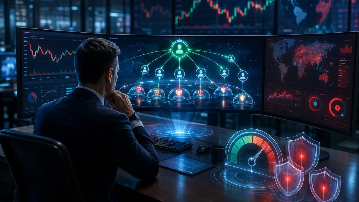 Trader monitors copy trading risk controls with market data visuals and protective safeguards.