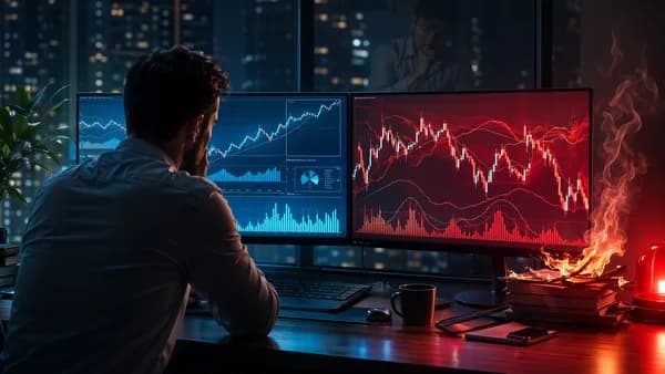 Trader desk visualizing risky copy trading with volatile forex charts and calmer stock exposure.