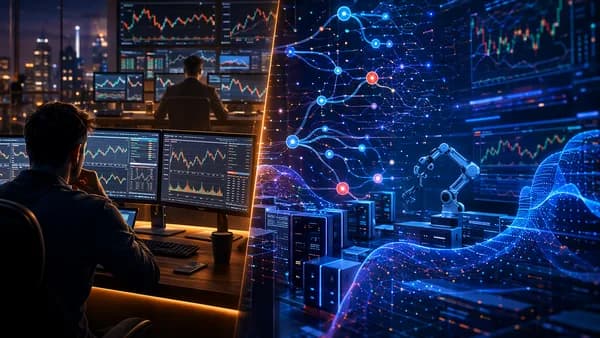 Human copy trading contrasted with algorithmic trading systems amid market risk visuals.