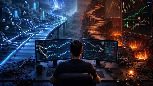Beginner trader weighing copy trading automation against manual signal analysis amid market data visuals.