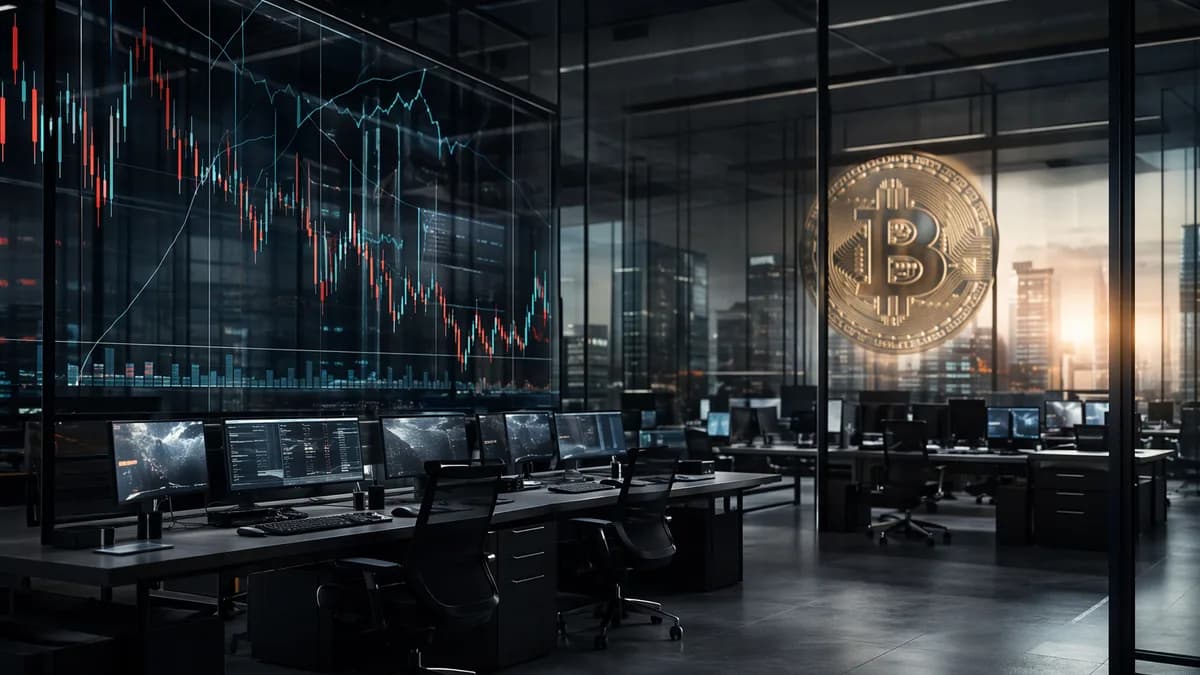 Empty trading floor with muted crypto charts, symbolizing fading Bitcoin ETF and corporate demand.