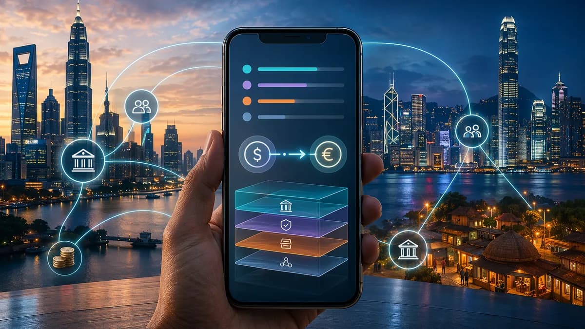 Transparent cross-border payment app with global money flows and visible fee layers