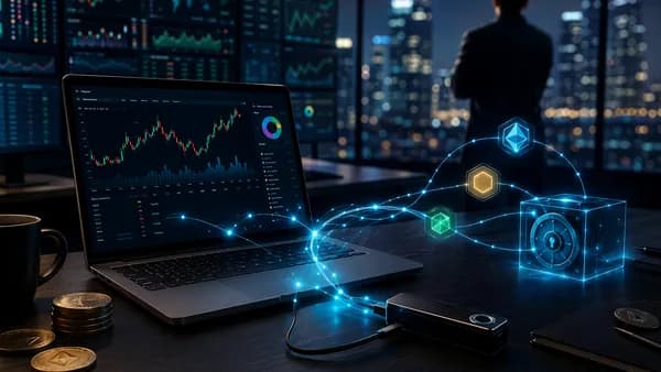 Hardware wallet on a crypto trading desk with abstract market charts and secure withdrawal visuals.