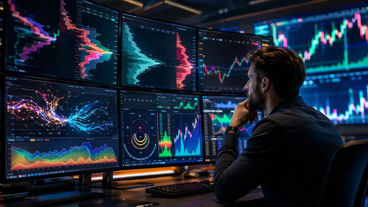 Trader studies crypto order books and fee risk dashboards in a modern trading floor setting.