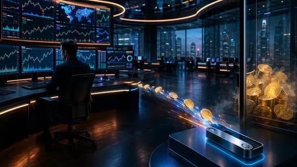 Crypto trader moving coins from exchange to self-custody wallet, with trapped coins behind glass.