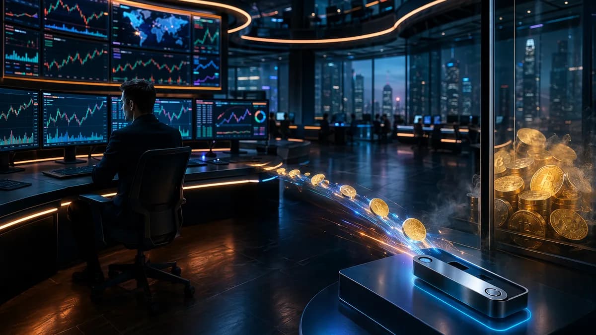 Crypto trader moving coins from exchange to self-custody wallet, with trapped coins behind glass.