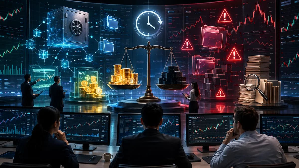 Crypto reserve audit scene with trading dashboards, balance scales, wallet nodes, and red warning signals