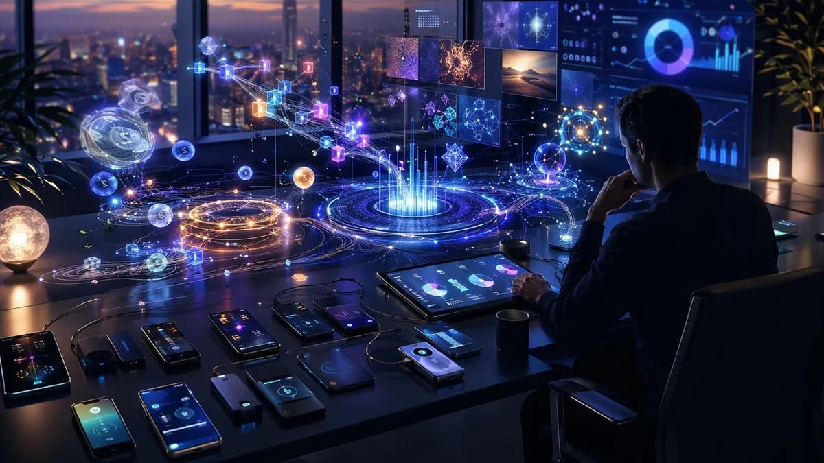 Analyst organizing chaotic DeFi wallet transactions into clean crypto tax visuals on modern fintech devices