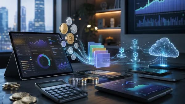 Crypto staking rewards and tax software visualized as digital assets, charts, and organized ledgers.
