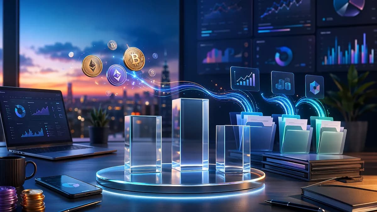 Crypto staking rewards flowing into tax software dashboards with abstract winner podiums