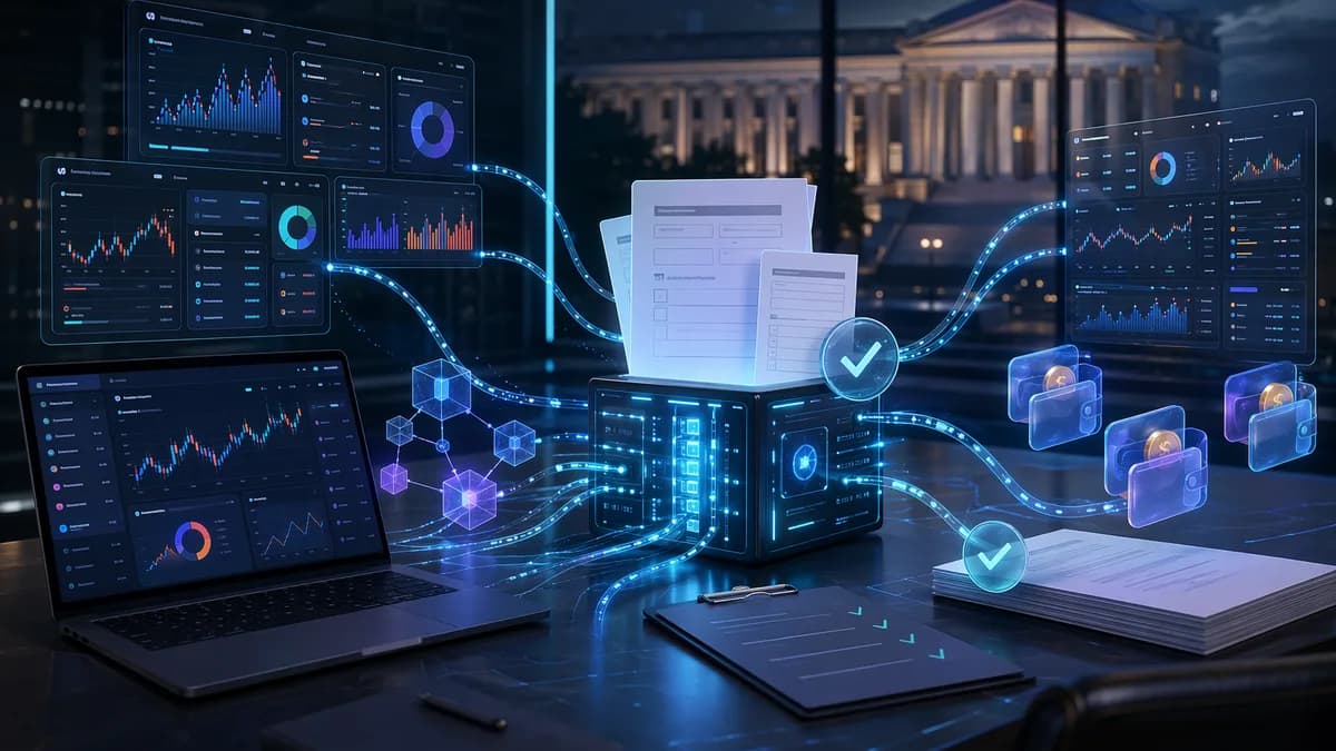 Crypto tax reconciliation software connecting exchanges, wallets, and blank tax forms under regulatory scrutiny.