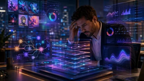 Crypto trader reviewing complex NFT tax dashboards and cost basis data in a modern fintech workspace