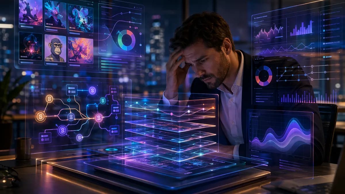 Crypto trader reviewing complex NFT tax dashboards and cost basis data in a modern fintech workspace