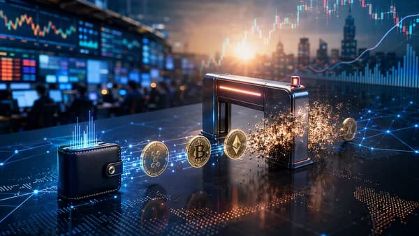 Small crypto wallet transfer passing through a fee barrier amid market charts and blockchain visuals
