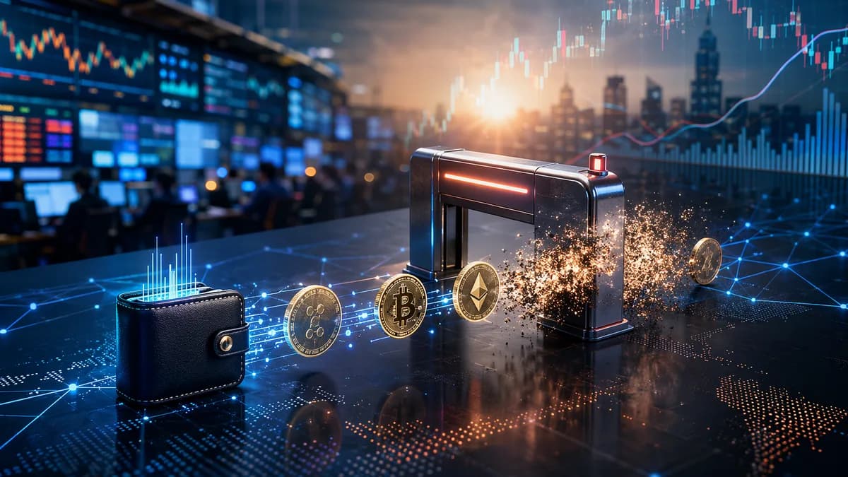 Small crypto wallet transfer passing through a fee barrier amid market charts and blockchain visuals