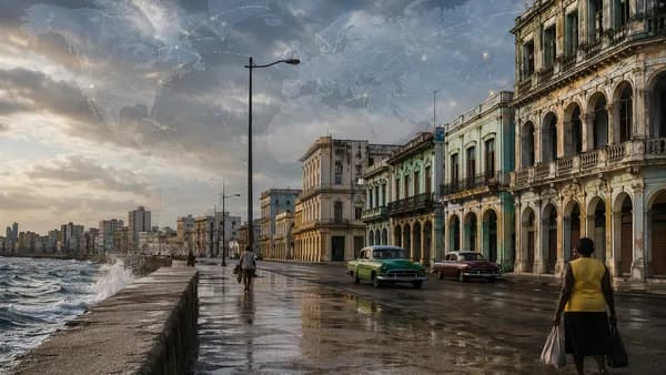 Empty Havana tourist district with global map overlay symbolizing US pressure and Cuba’s tourism collapse.