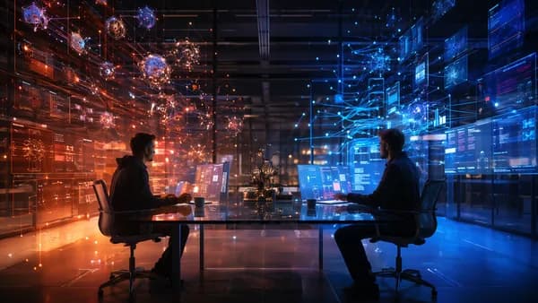 Two futuristic AI coding workstations visualize trade-offs between context agents and IDE workflow support.