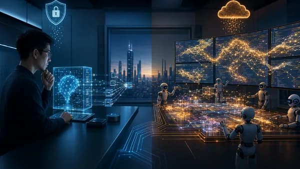 Two AI coding teams divided between tight control and autonomous codebase management in a futuristic workspace.