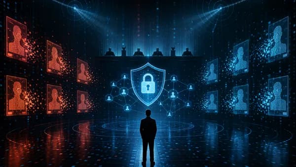 Digital privacy shield protecting personal data in a dark cyber courtroom scene